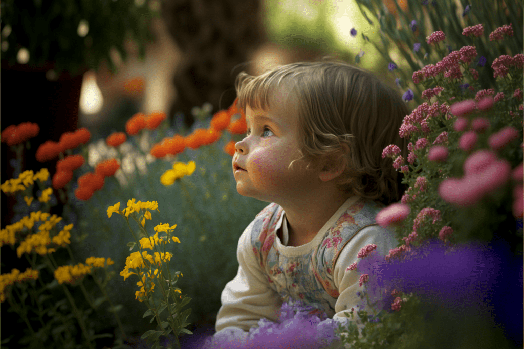 young child sitting in a garden surrounded by llowerd looking skywards, Kleinkind in einem Garten, umgeben von Blumen mit dem Blick zum Himmel